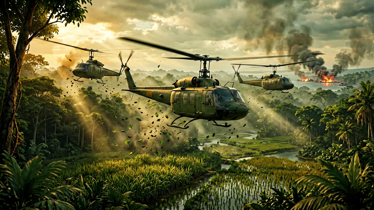 Huey helicopters flying low over a Vietnamese jungle canopy during an airmobile assault.