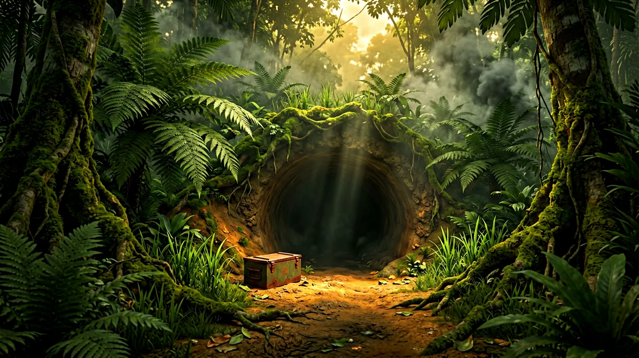 A concealed dirt tunnel entrance in a dense 1960s Vietnam jungle, framed by large ferns and mossy roots.