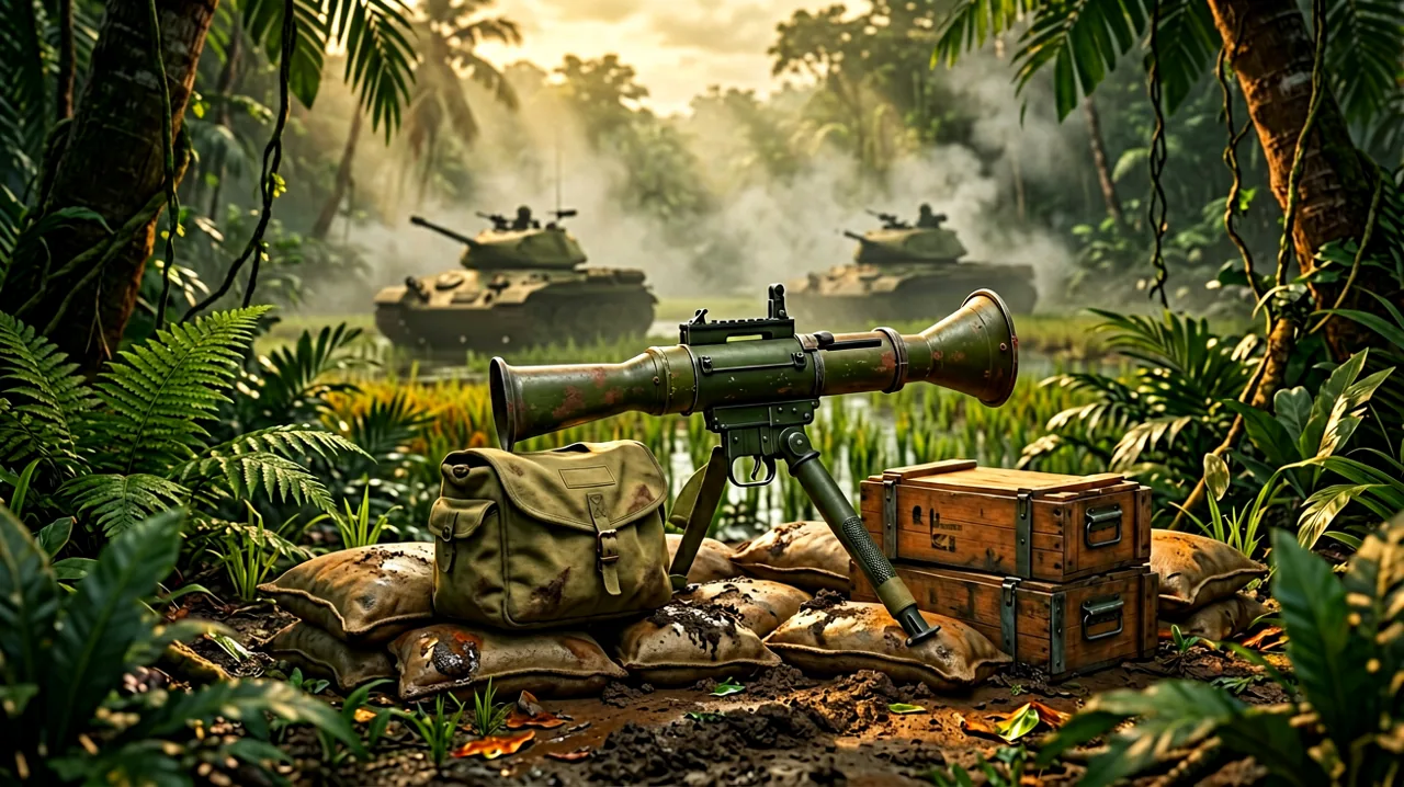 A detailed close-up of a vintage anti-tank rocket launcher and explosives resting on mud and sandbags in a tropical jungle