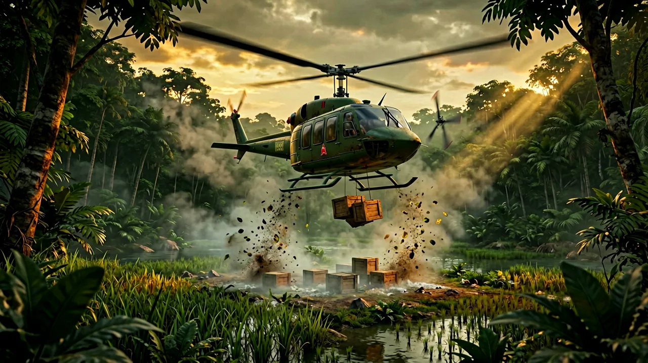 A US Huey helicopter hovering over a dense jungle clearing dropping supplies.