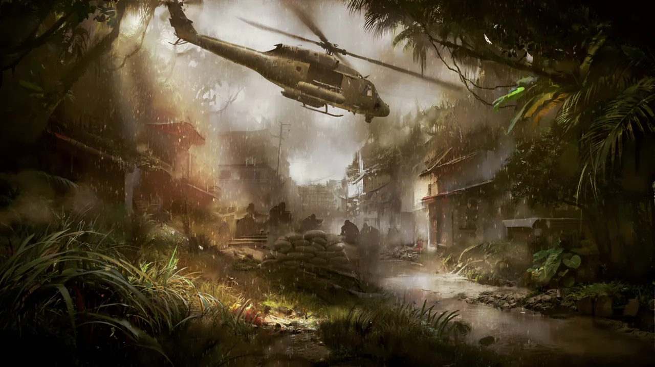 A military helicopter flying over a rain-soaked Southeast Asian city, showcasing dynamic weather and urban combat in the Vietnam War.