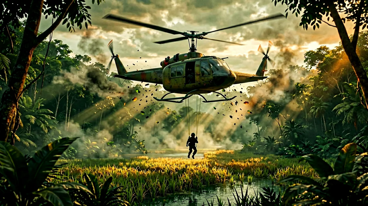 A UH-1 Huey helicopter hovering just above the dense jungle canopy, dropping troops into a clearing.
