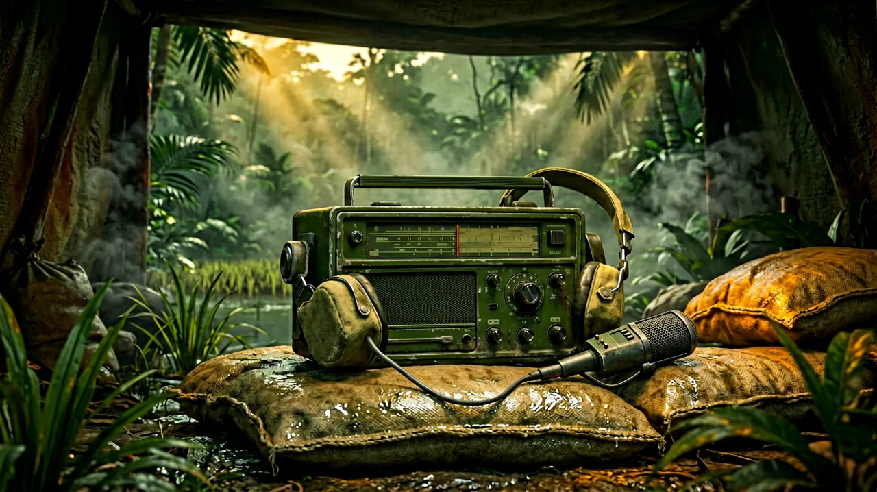 A 1960s military radio headset and microphone resting on sandbags in a jungle bunker, emphasizing tactical communication.