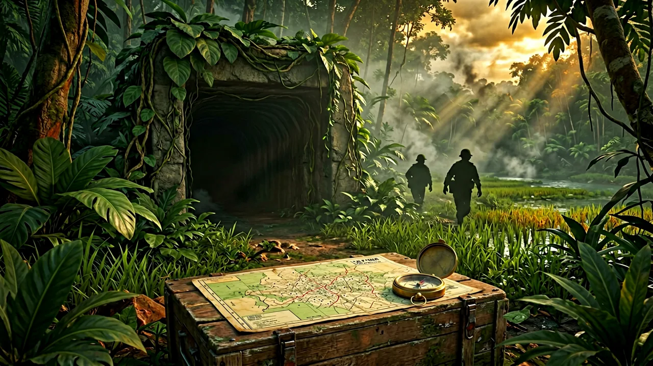 A dimly lit NVA tunnel entrance in the jungle with a tactical map and compass resting on a wooden crate.