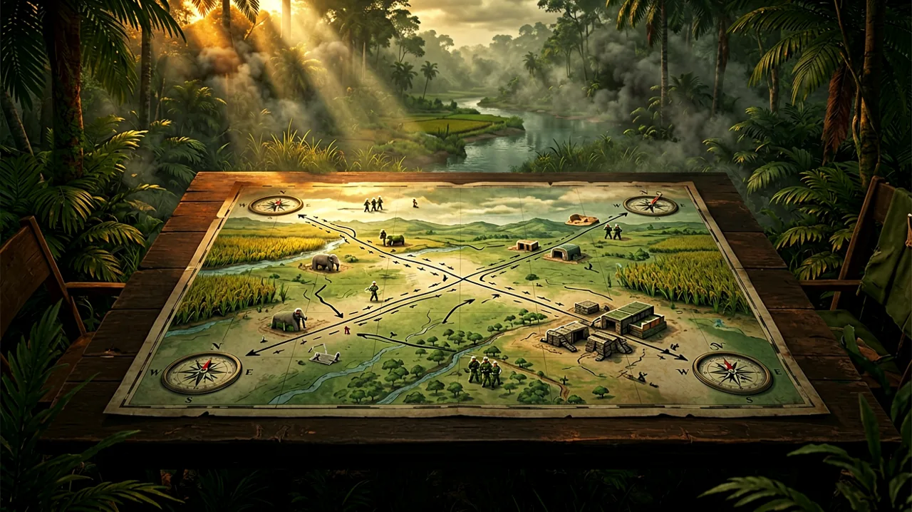 A tactical planning map spread across a wooden table with military compasses and markers