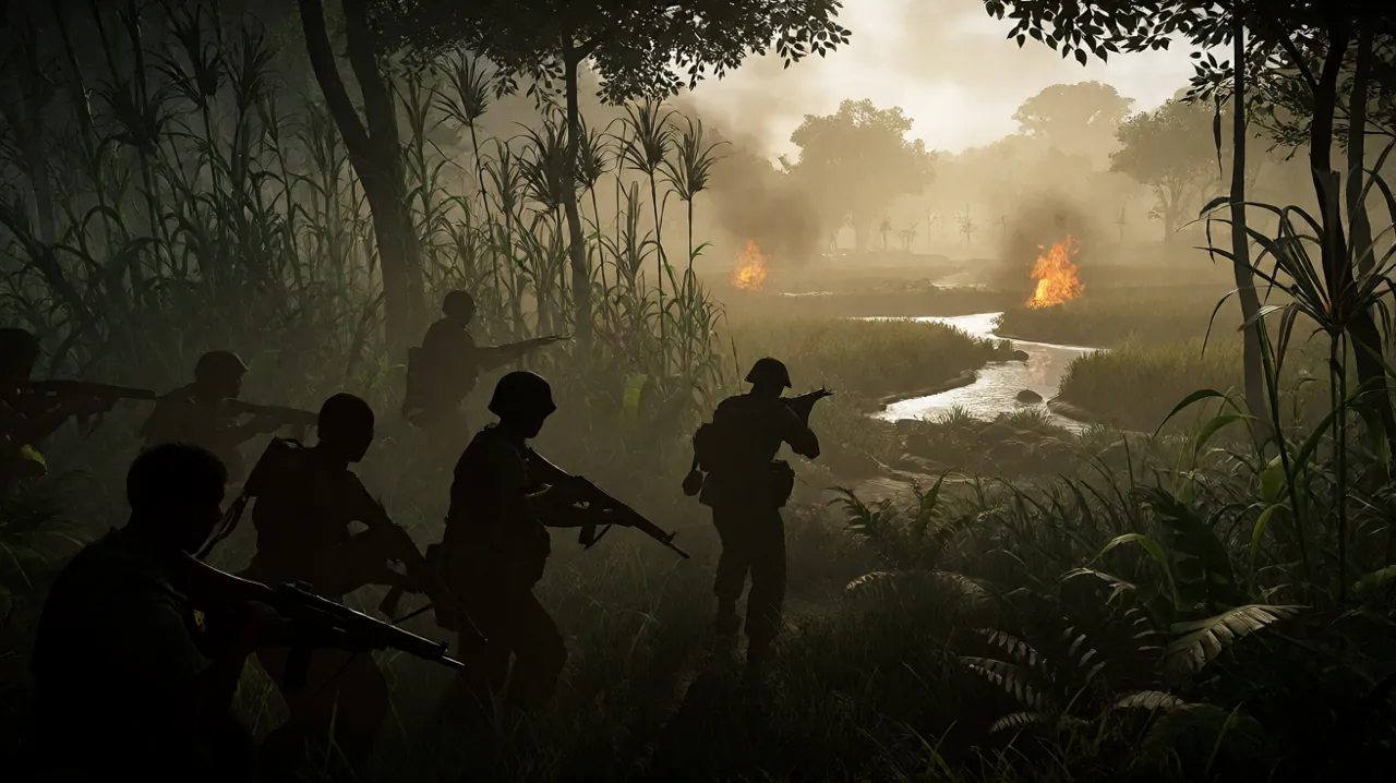 A silhouette composition of US and NVA forces facing off in a dense 1960s jungle environment.