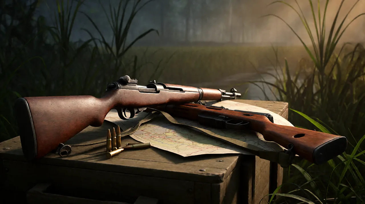 A 1960s combat rifle resting on wooden ammunition crates.