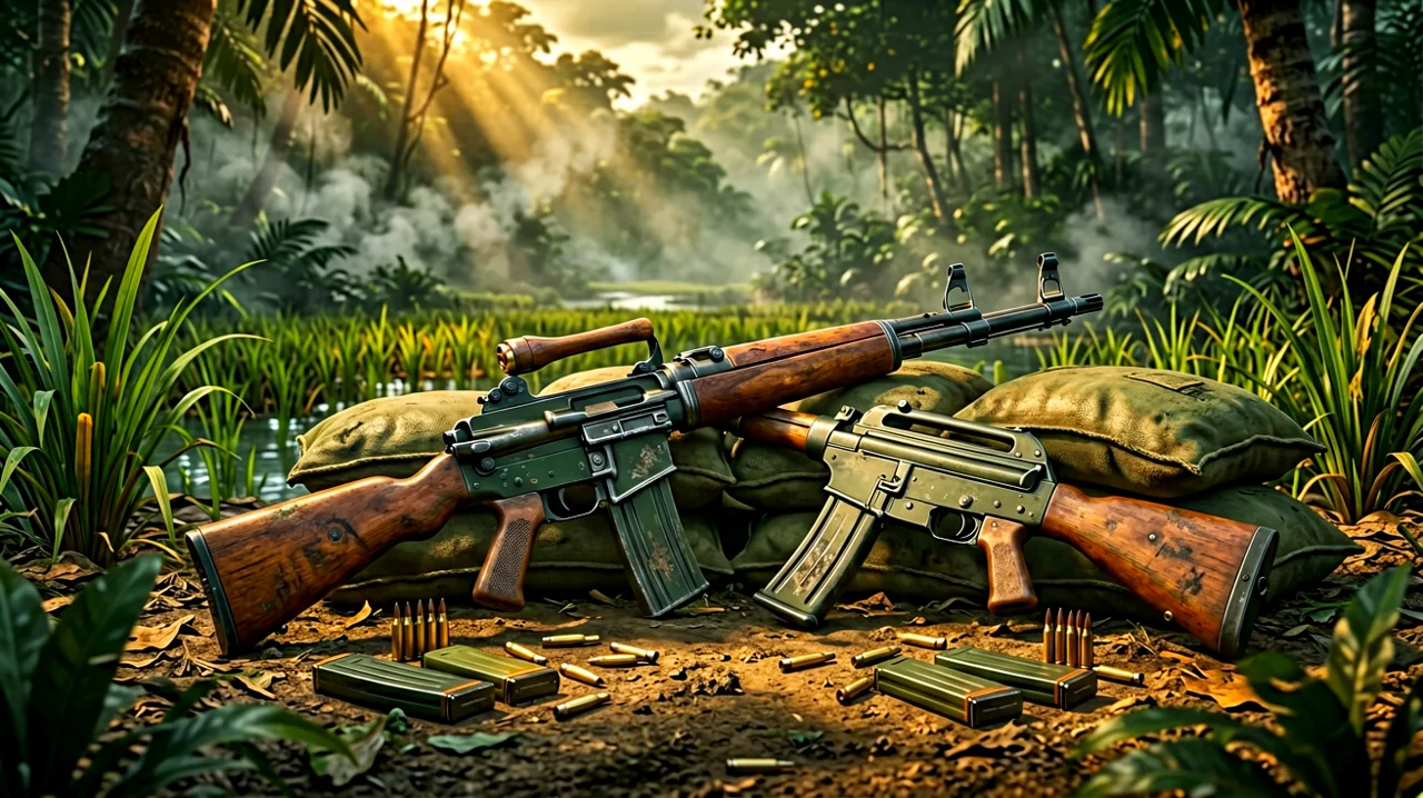 Close-up still life of a 1960s M16A1 rifle and a Type 56 rifle resting against sandbags with scattered 20-round and 30-round magazines.