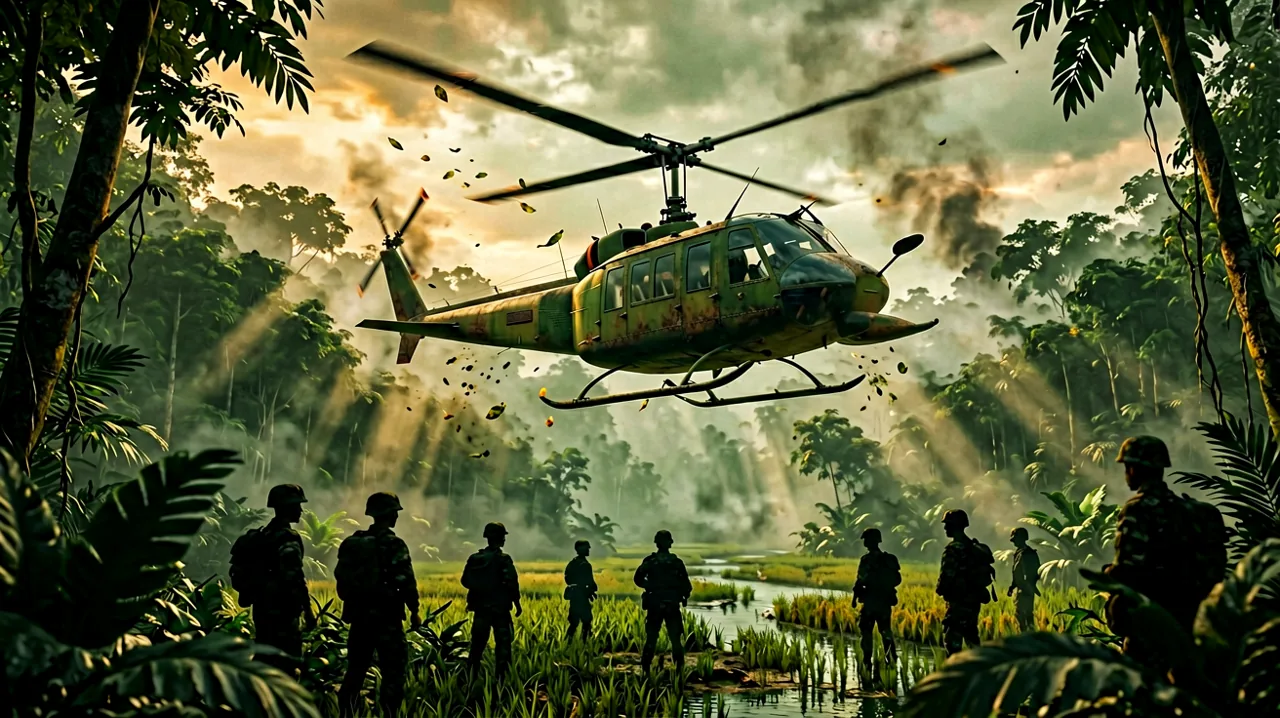 A US Army UH-1 Huey helicopter flying low over a dense Vietnamese jungle canopy, preparing for a combat insertion.