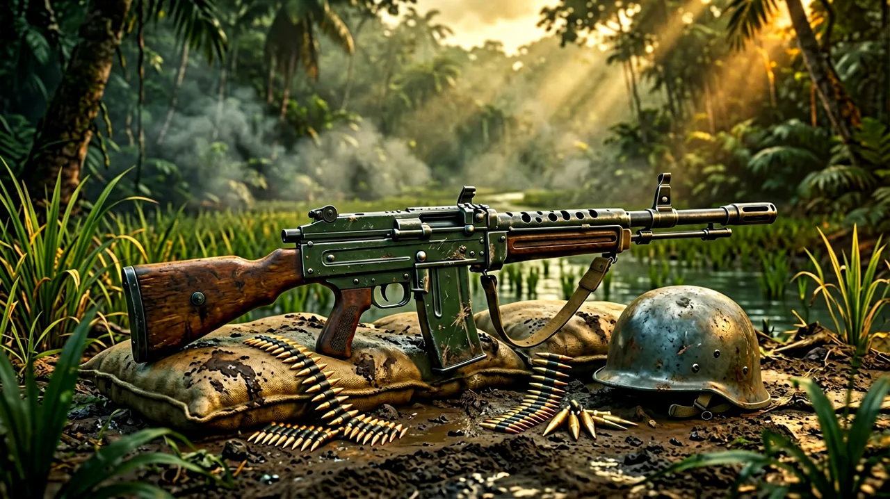 Close-up still life of 1960s era light machine guns and carbines resting on sandbags in a jungle setting.