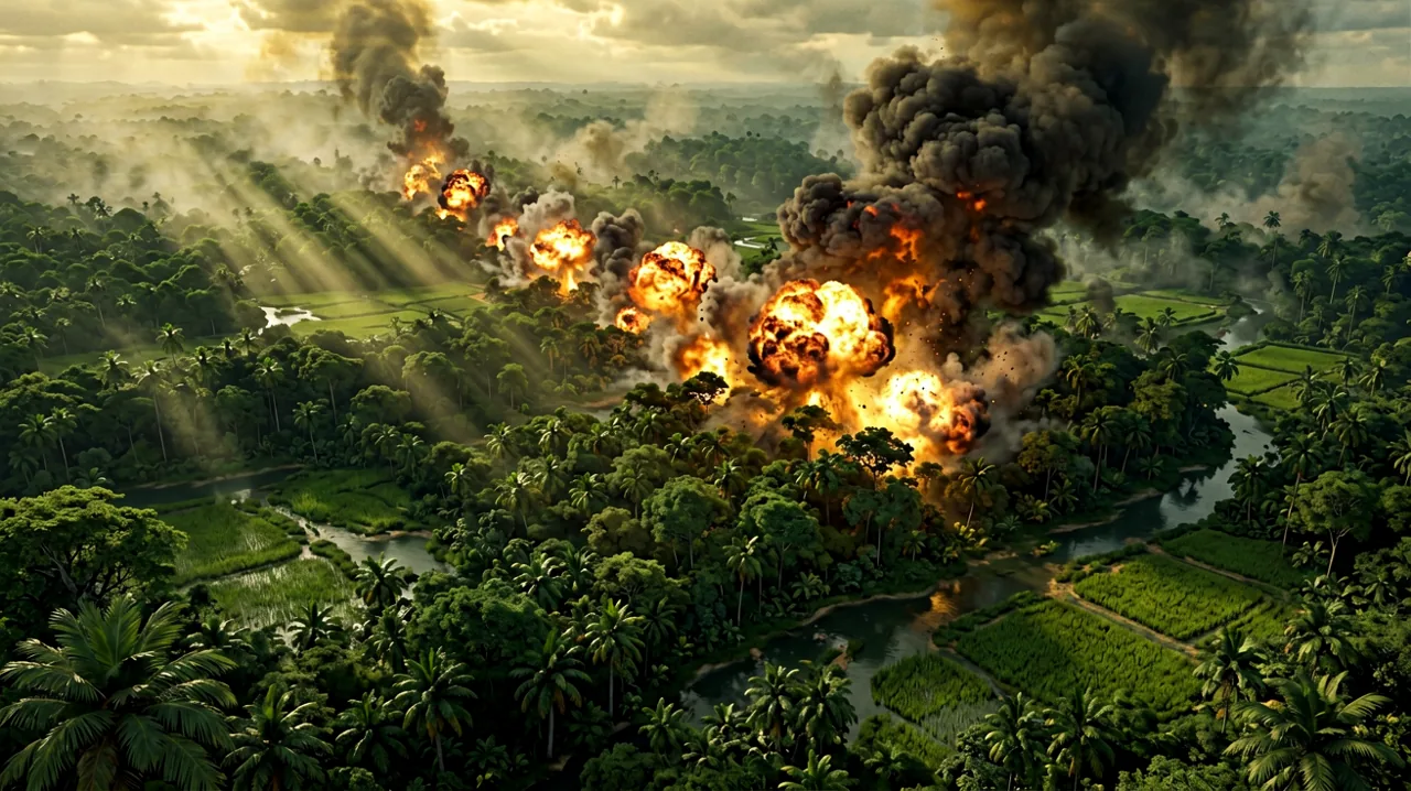 Concept of a massive aerial bombardment over a dense Vietnam jungle environment