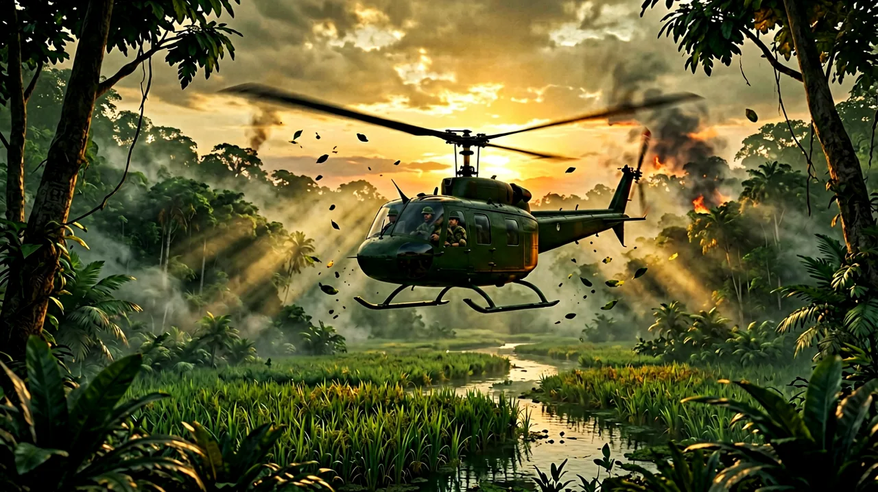 A Huey helicopter flying low over a dense Vietnamese jungle canopy at sunset.