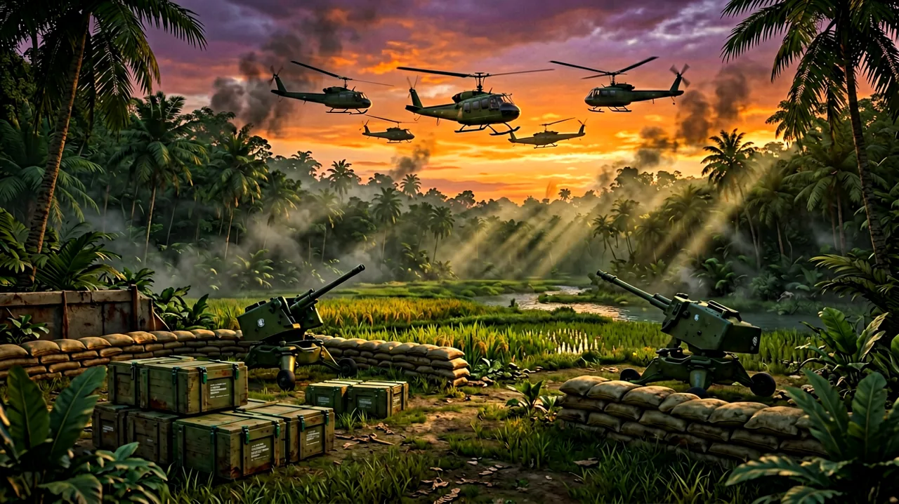 A US military firebase at dusk in the Vietnamese highlands with Huey helicopters approaching.