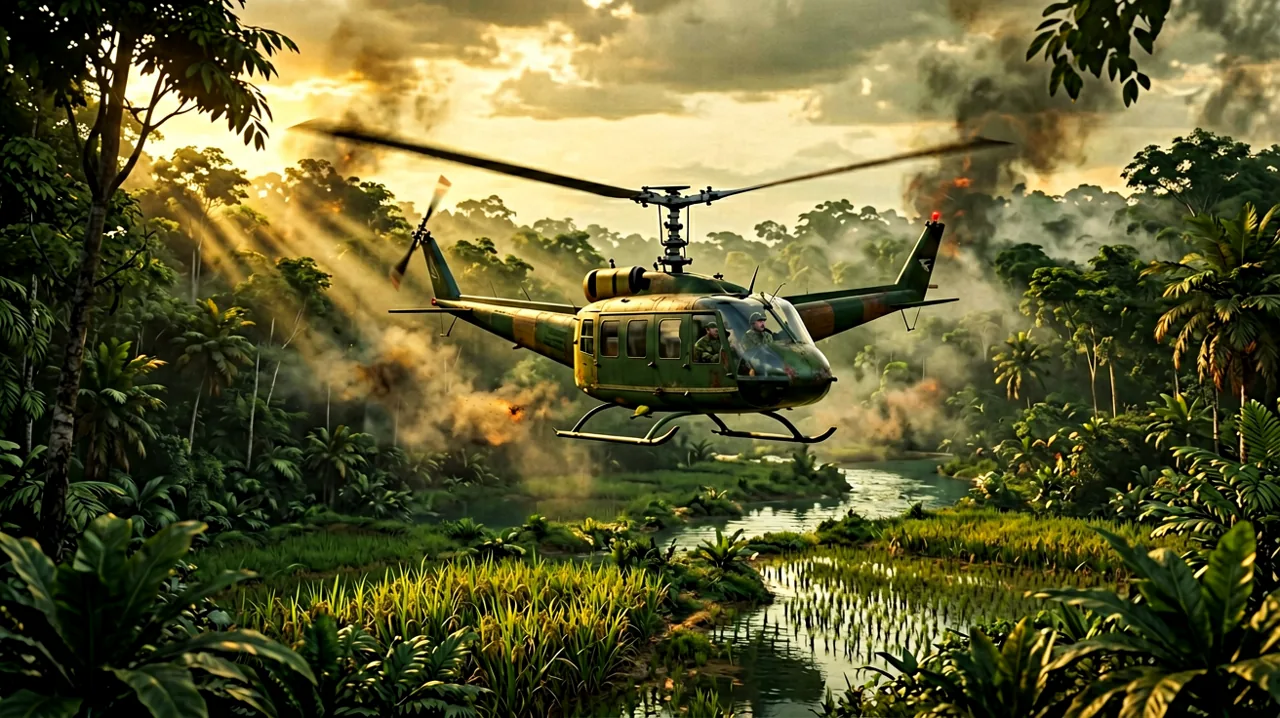 US UH-1 Huey helicopter flying low over a dense Vietnamese jungle canopy