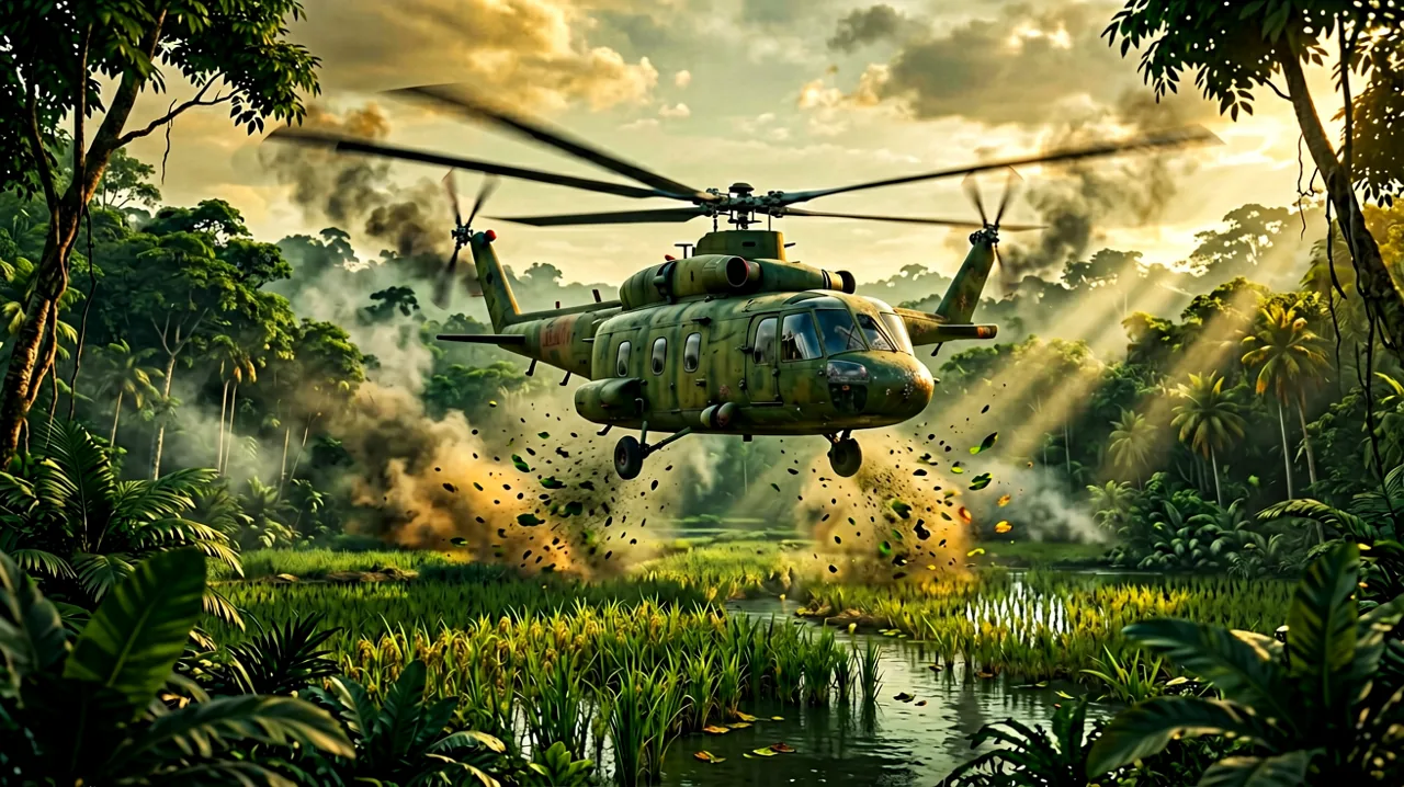 A military transport helicopter skimming just above the dense jungle canopy