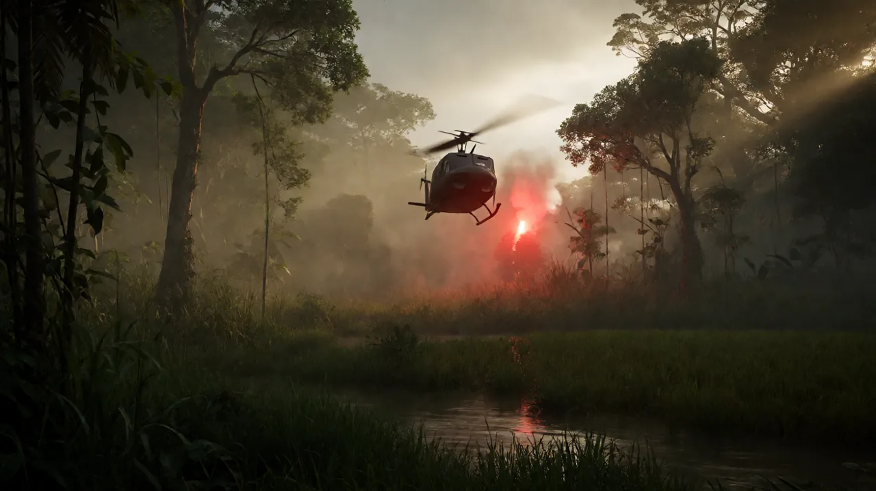 A UH-1 Huey helicopter descending into a dense jungle clearing at dusk, illuminated by flares.