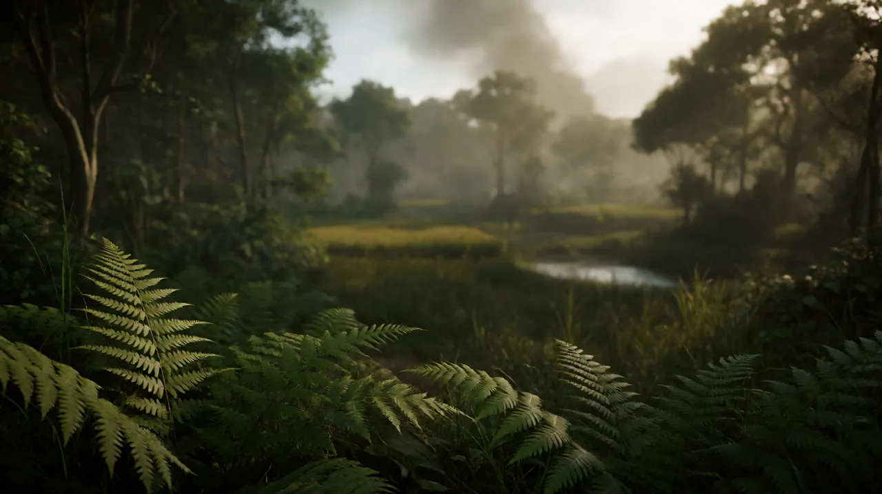 A first-person view of a dense jungle where the foreground is crisp but the background is heavily blurred.