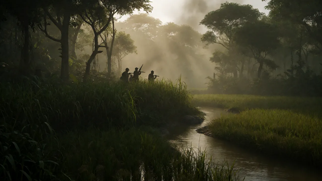 Silhouettes of US and North Vietnamese forces in a tense standoff within a dense jungle environment.