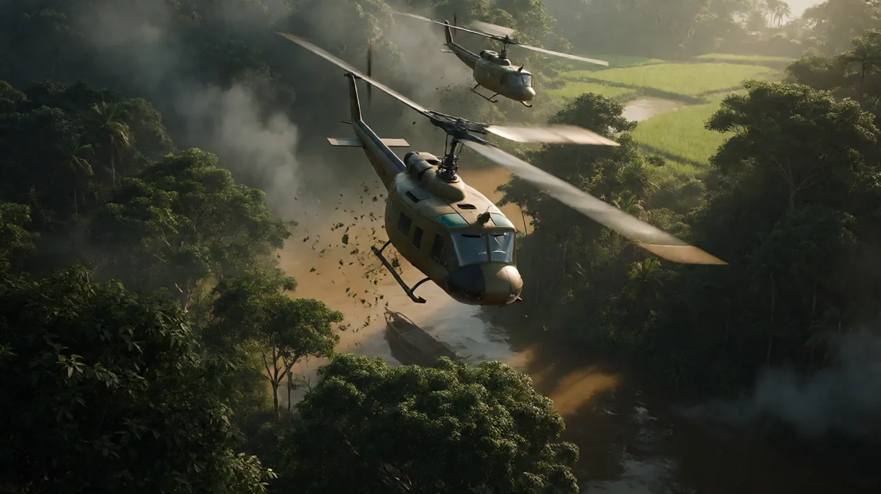 Two UH-1 Huey helicopters flying in extremely tight formation above a dense Vietnamese jungle canopy.