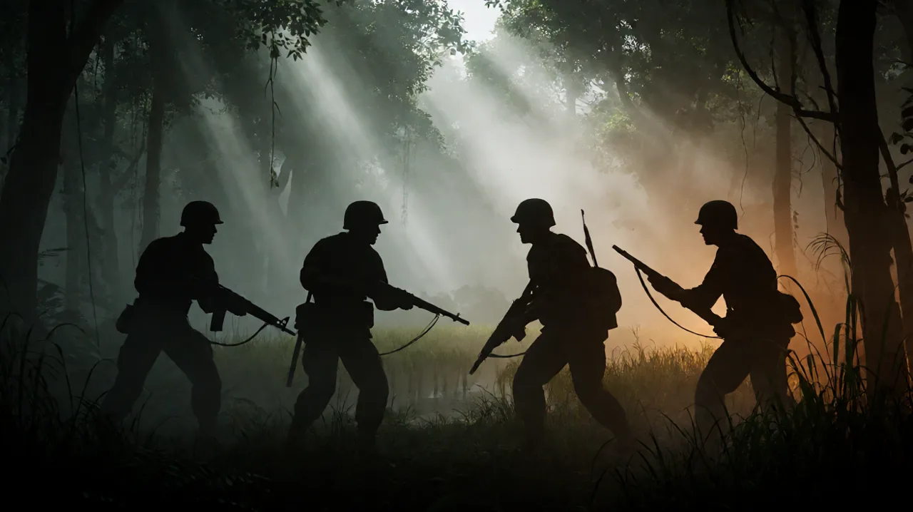 Silhouettes of US and North Vietnamese soldiers facing off in a dense jungle