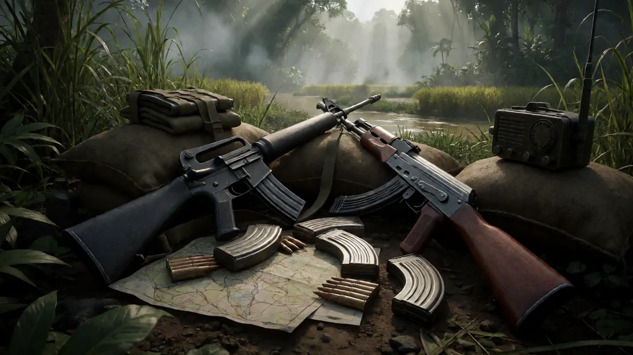 A highly detailed close-up of a weathered 1960s M16 rifle resting on sandbags in a jungle trench.