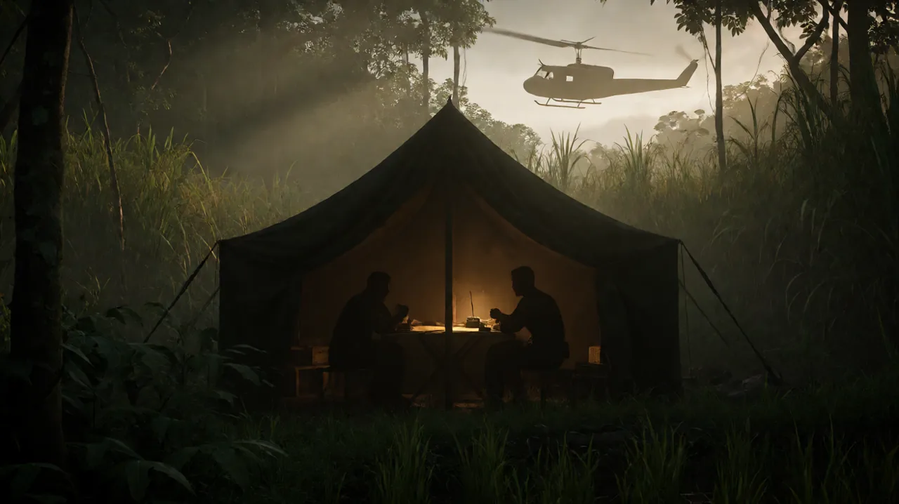A tactical field command post tent in the dense jungle at twilight, symbolizing military planning and developer updates.