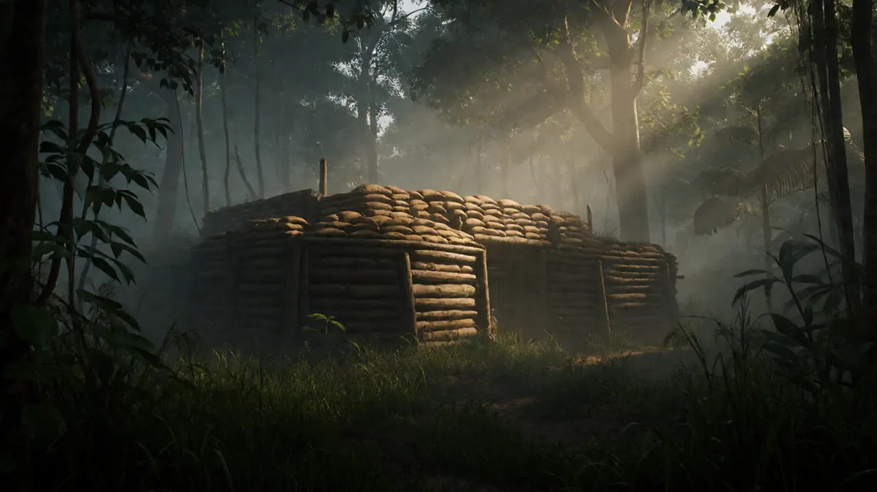 A fortified military bunker made of worn sandbags and thick wooden logs deep in a misty Vietnamese jungle