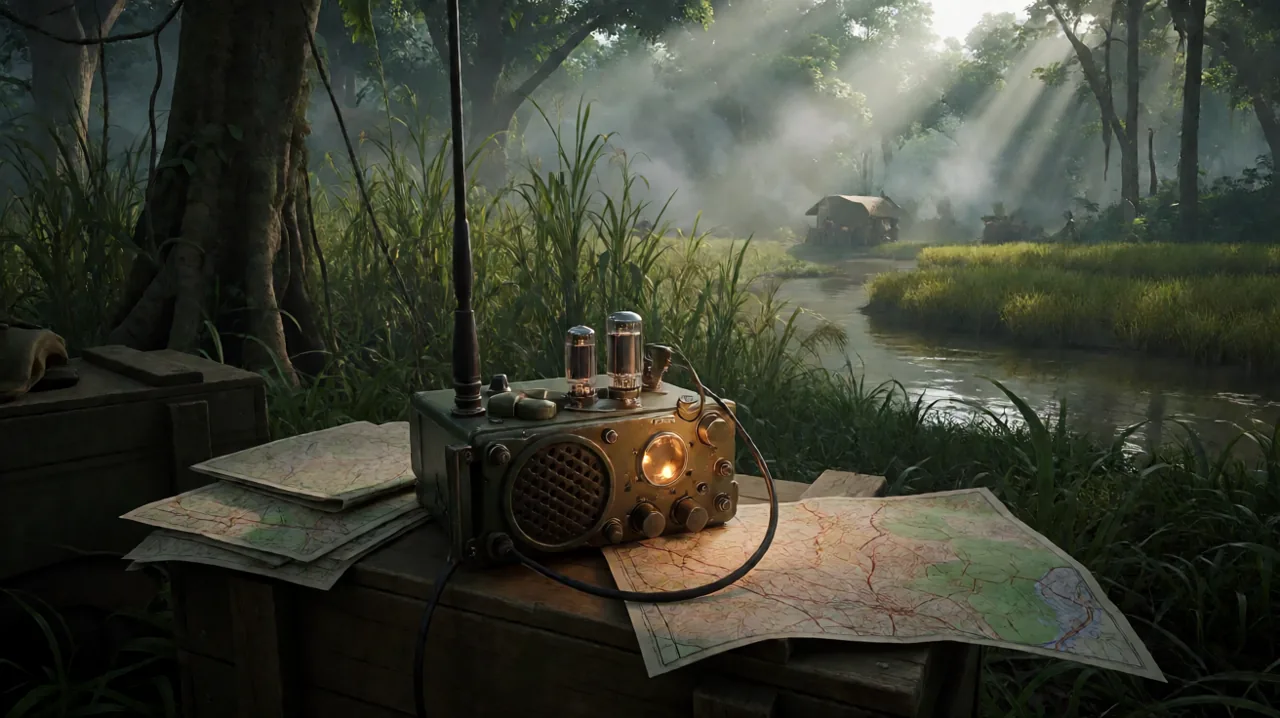 A 1960s PRC-77 military field radio on a wooden crate, representing technical troubleshooting in the jungle.