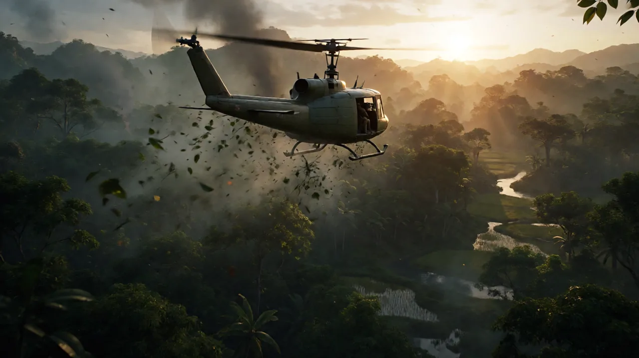 A UH-1 Huey helicopter flying low and fast over a dense Vietnamese jungle canopy at sunset, its rotor wash kicking up leaves.