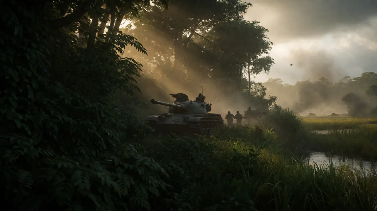 A US tank pushes through dense jungle foliage as infantry move up alongside it.