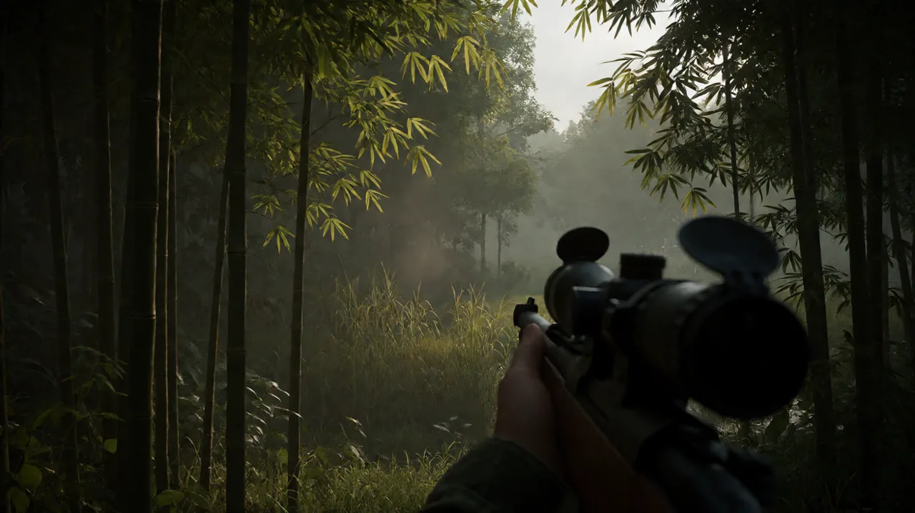 A dense Vietnamese jungle landscape seen through the optic of an infantry rifle, highlighting foliage depth and long-range visibility