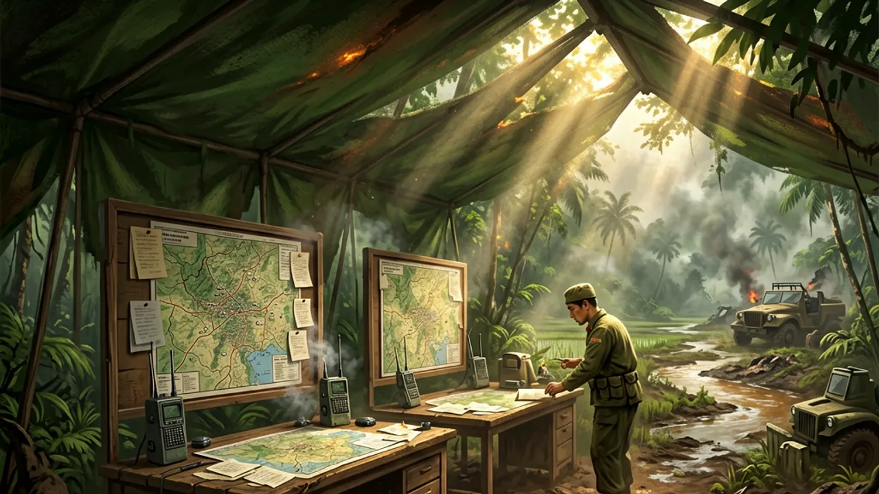 A planning tent with map boards and radios, notes pinned to a board