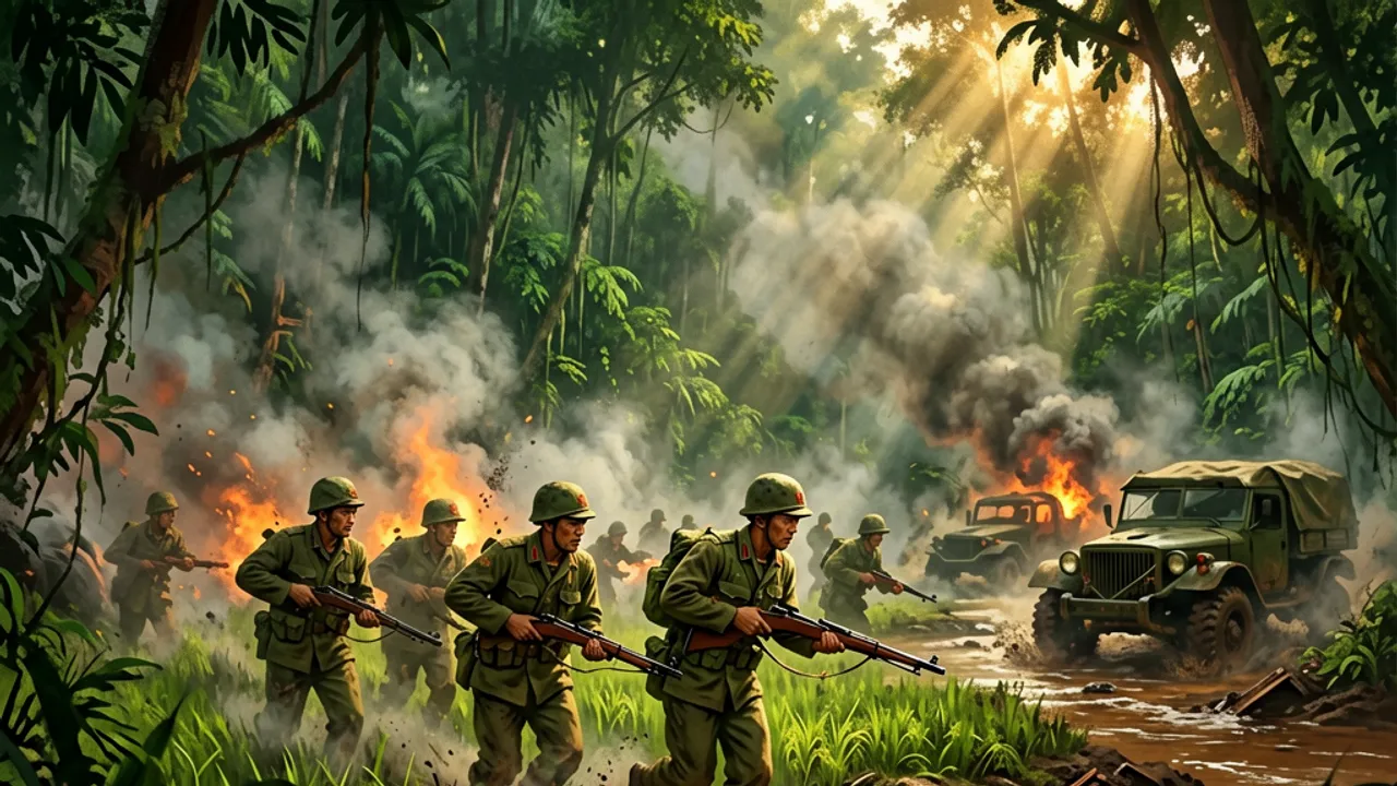 A cinematic Vietnam firefight — US troops advancing through smoke and elephant grass