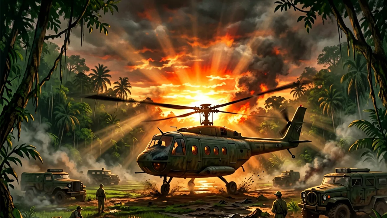 A lone Huey silhouetted against a blazing tropical sunset over the jungle