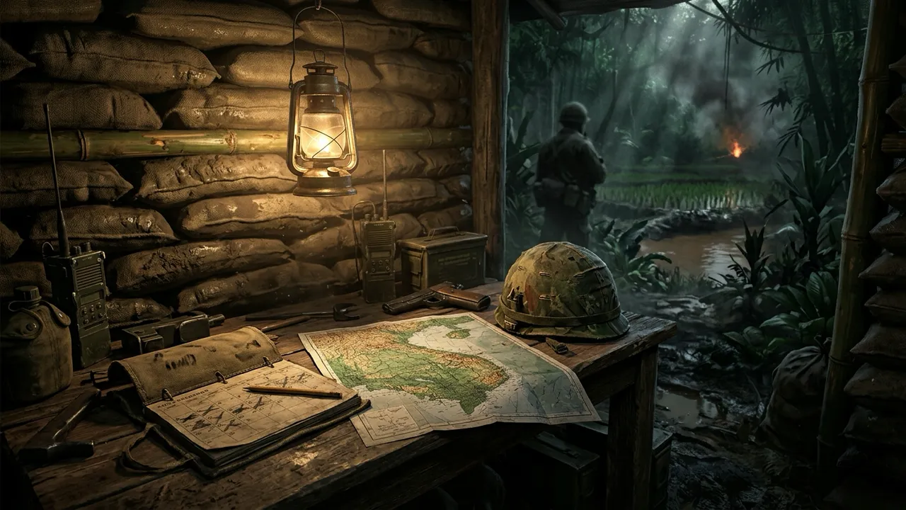 A field calendar and a map of Vietnam on a sandbagged bunker desk under lamplight