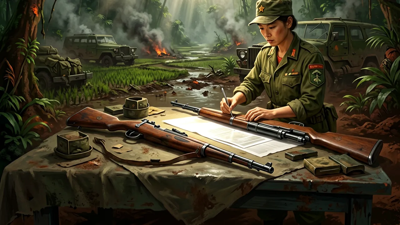 A museum conservator's table with era-accurate 1960s rifles laid out for scanning