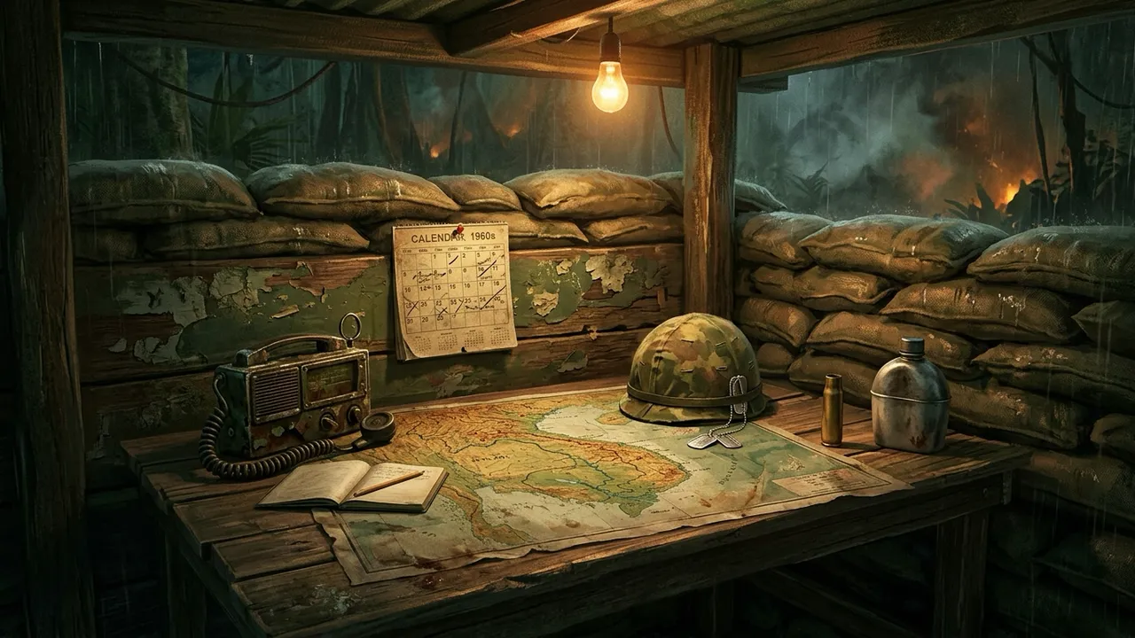 A field calendar and a worn map of Vietnam on a bunker desk under lamplight