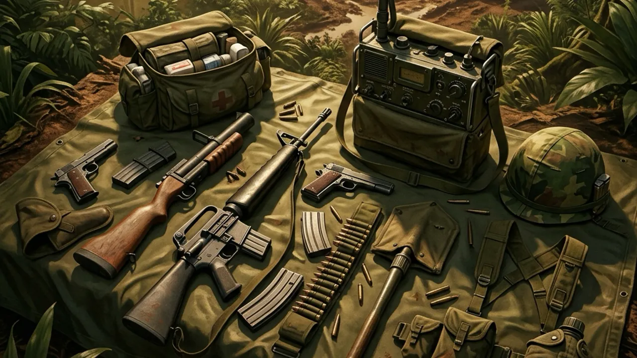 Vietnam-era infantry equipment laid out on a poncho — rifle, radio, medic bag