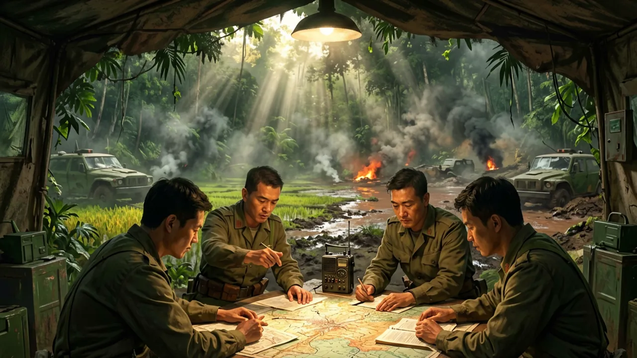 A command bunker interior with officers around a lamplit map table and a field radio