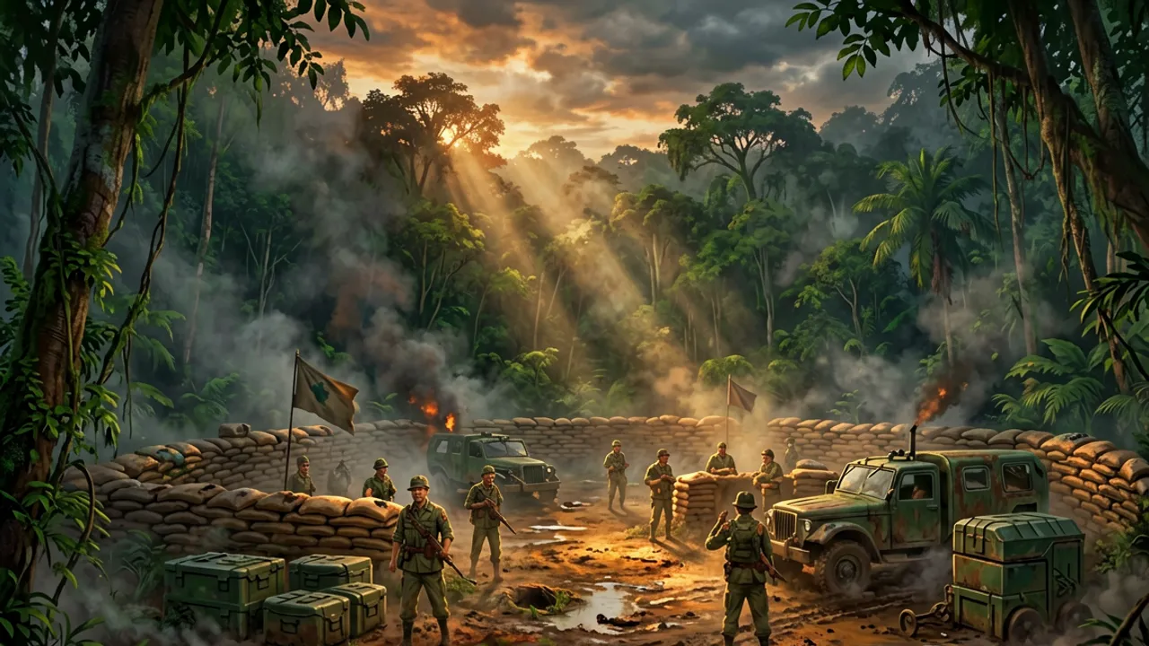 A fortified jungle outpost with sandbag walls, foxholes and supply caches at dusk