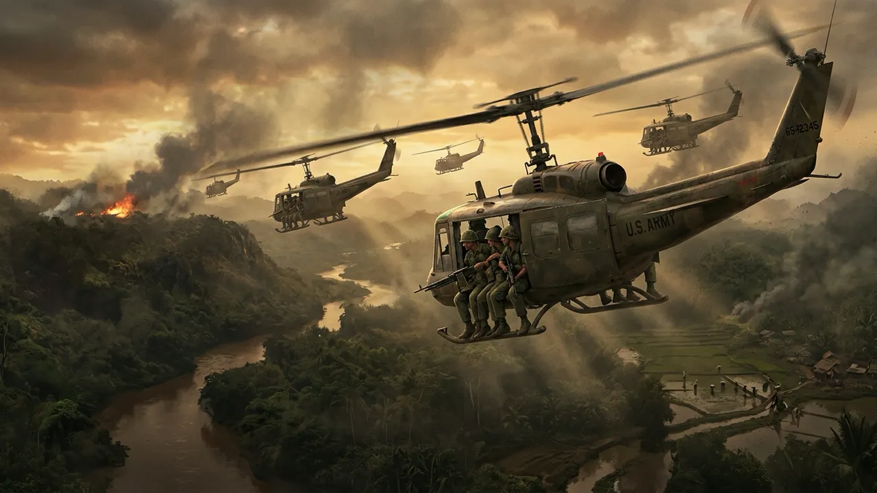 A flight of US Hueys crossing a hazy sky over jungle ridges at golden hour