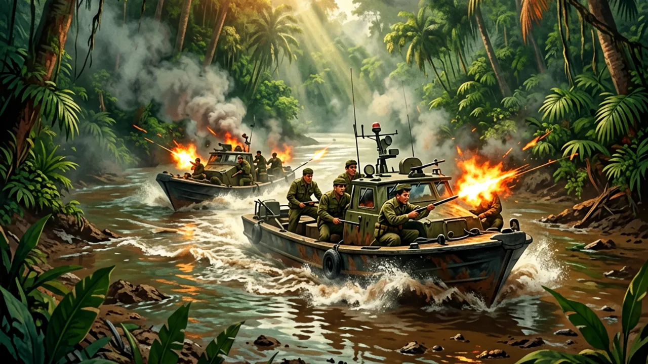 Two patrol boats maneuvering on a narrow jungle river under fire