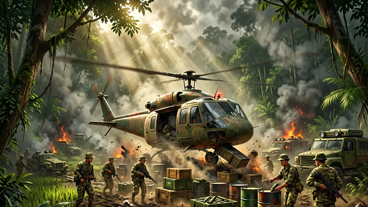 A jungle firebase resupply scene with crates and drums unloaded from a Huey