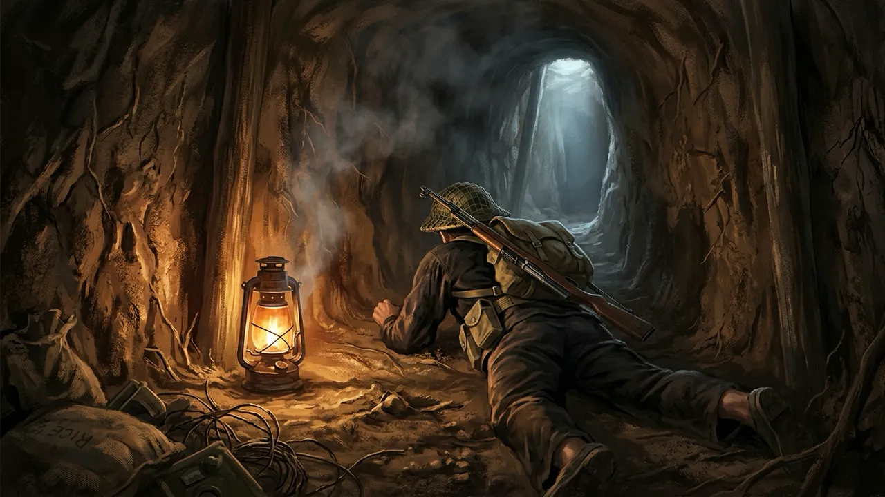 The dim interior of a tunnel lit by a single lamp, a fighter crawling toward daylight