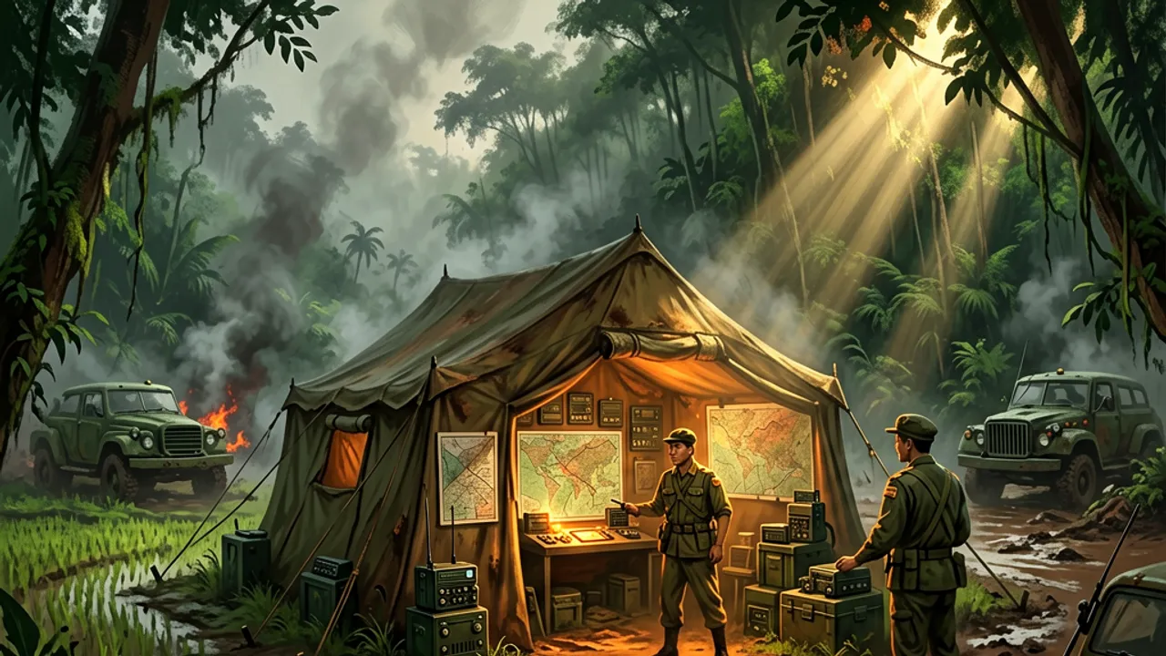 A 1960s field communications tent with radios, map boards and a glowing panel