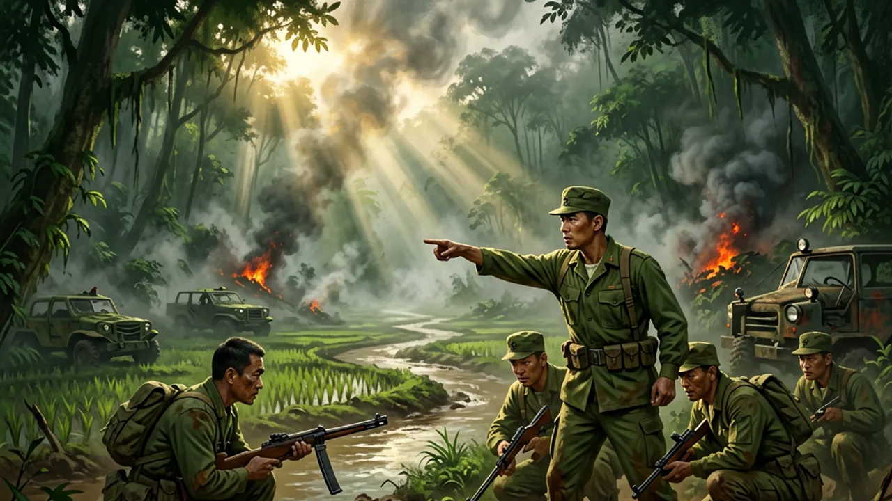 A squad leader pointing across a misty jungle valley to his crouched team