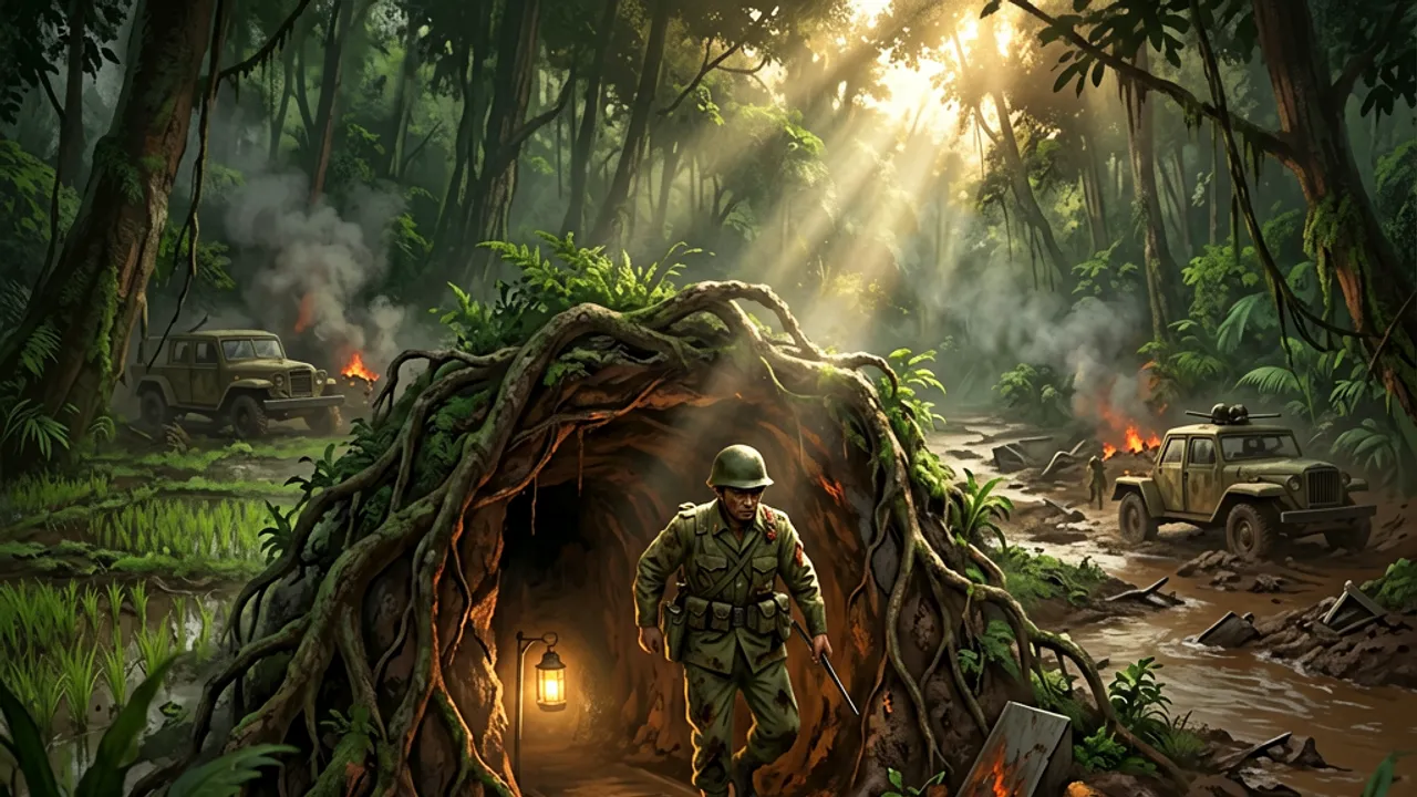 A fighter descending a concealed tunnel trapdoor among jungle roots
