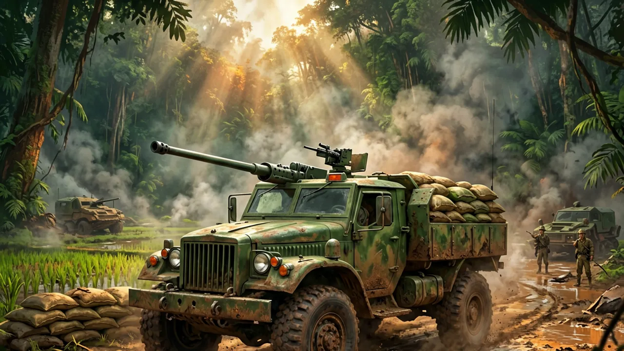 An armored US supply gun-truck bristling with mounted machine guns at a firebase