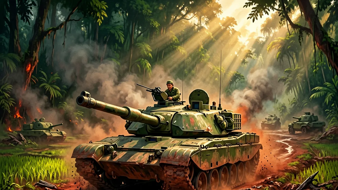A US main battle tank churning along a red-dirt road past rice paddies