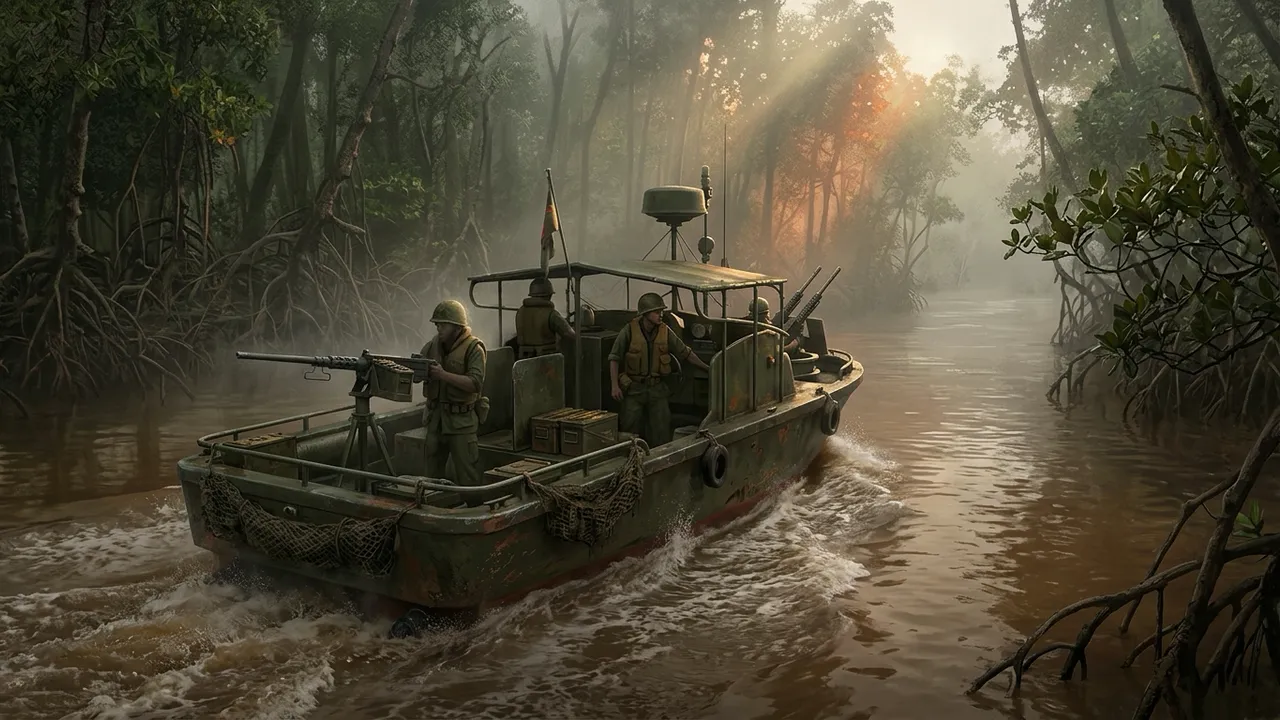 A heavily armed riverine patrol boat cutting through a muddy delta river